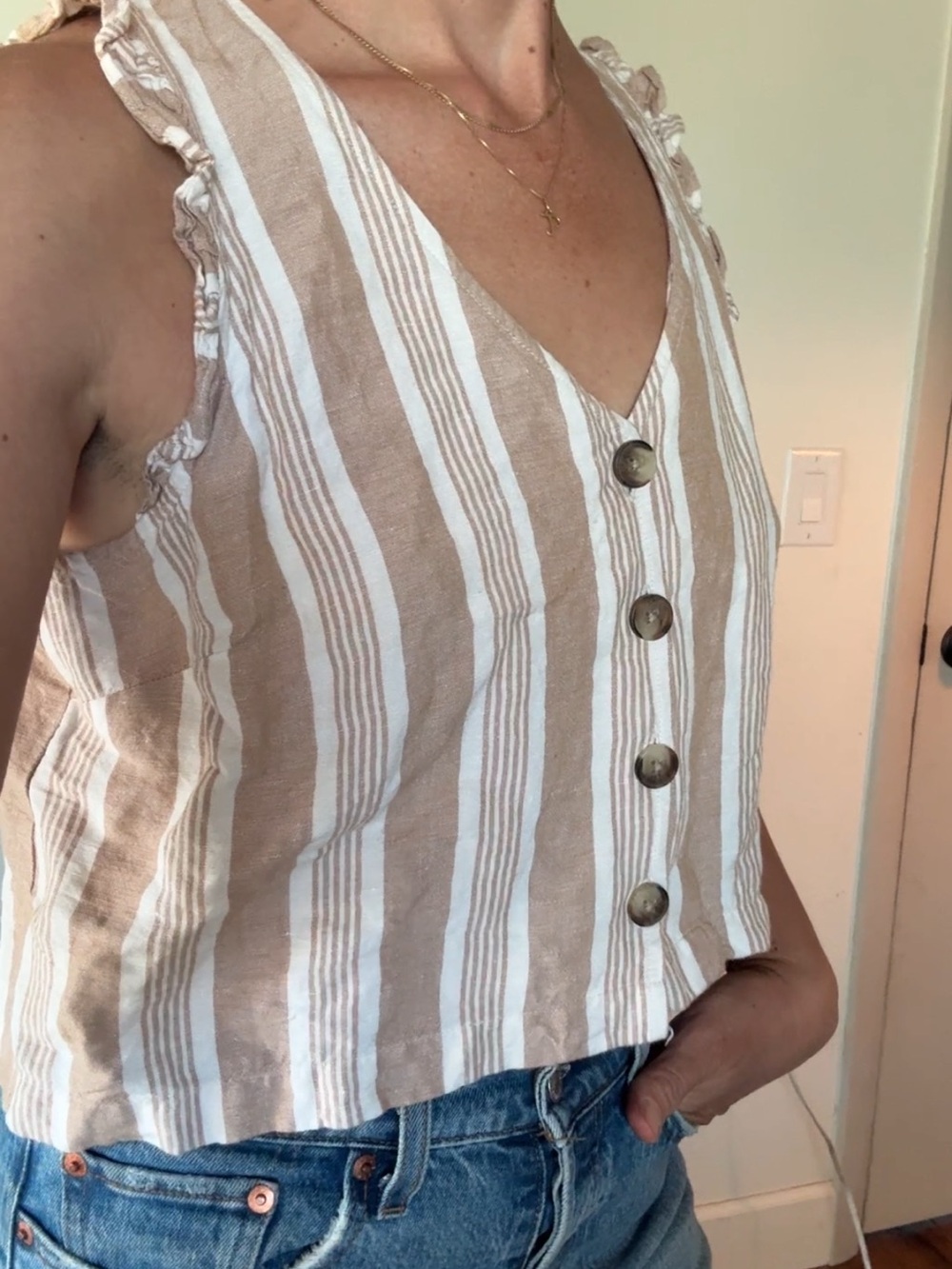 Madewell Beige & White Stripe Linen-Blend Ruffle Button-Front Tank - Size 8